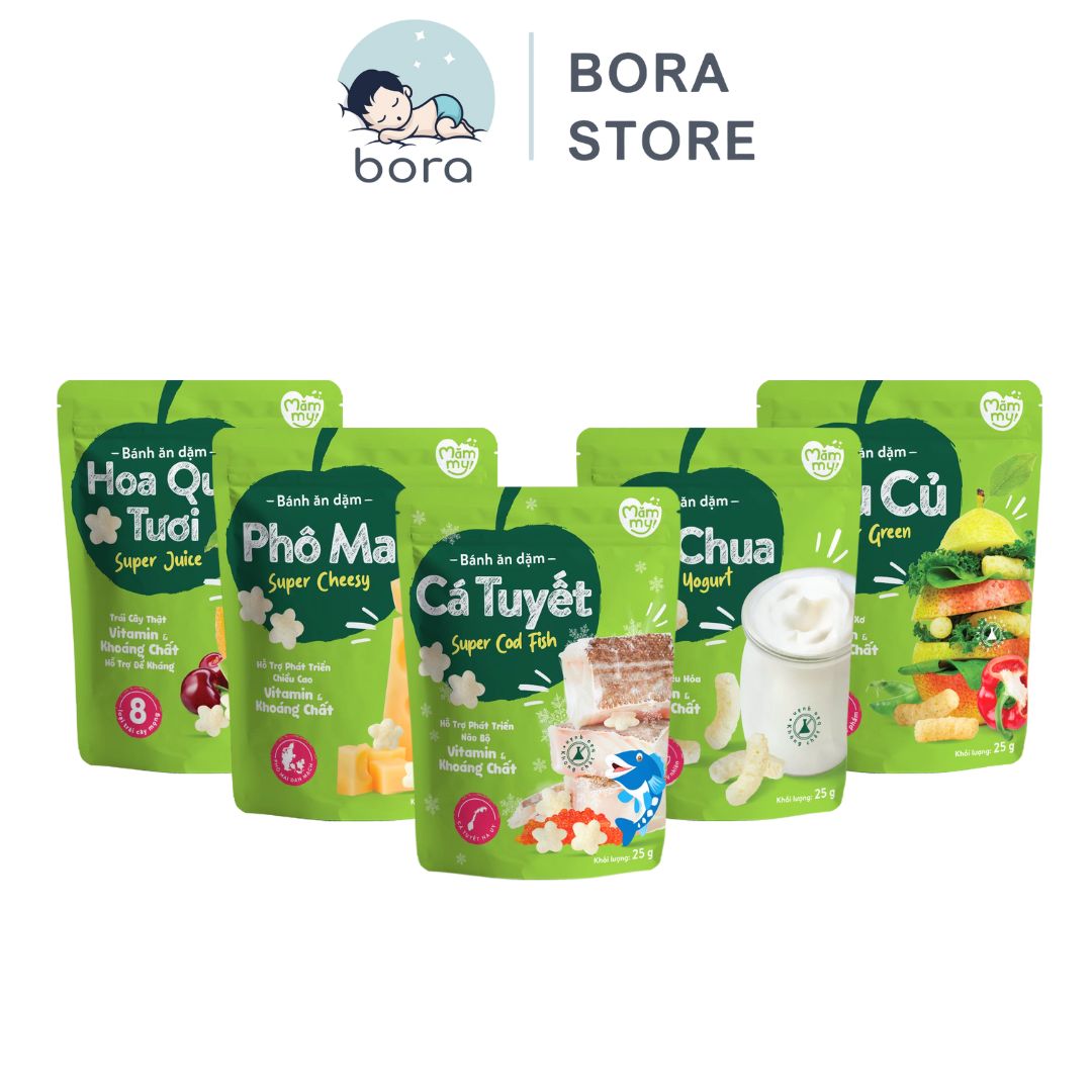 Bánh ăn dặm Mămmy vị rau củ, phô mai, hoa quả, cá tuyết, sữa chua giòn tan túi zip 25g cho bé 6m+