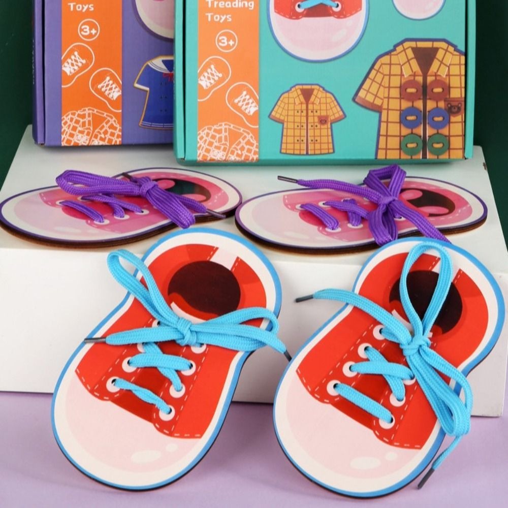 IPIE2 Montessori Đồ chơi giày viền gỗ Dây giày đeo Bằng gỗ Đồ chơi dây giày Sáng Tạo Nút Đồ chơi học tập xâu chuỗi Hỗ trợ giảng dạy