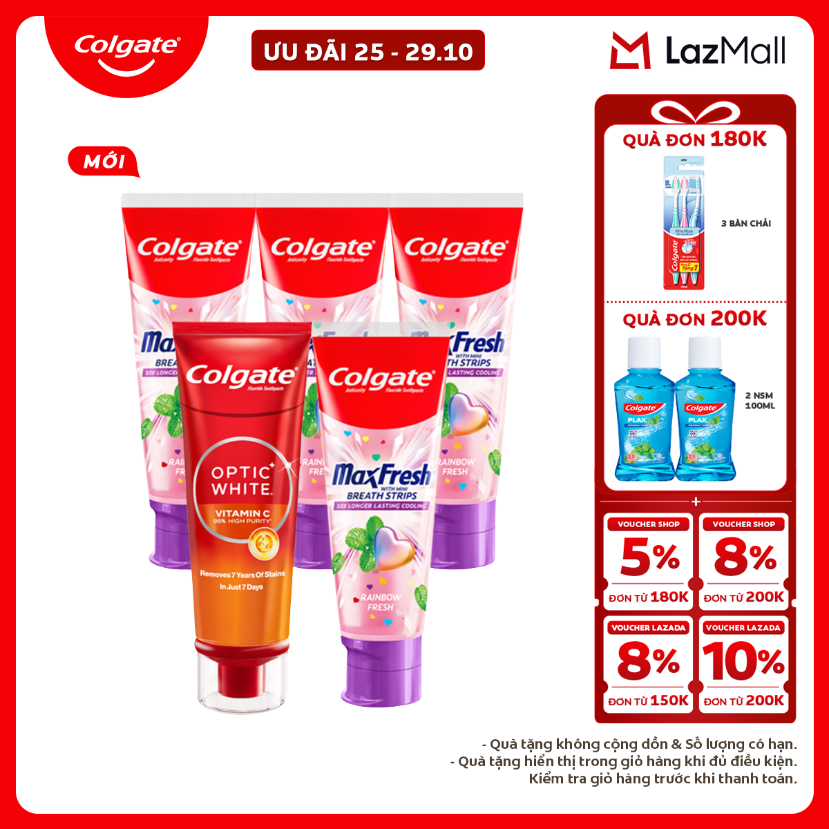 Kem đánh răng Colgate trắng răng Optic White Vitamin C độ tinh khiết cao, loại bỏ vết ố cứng đầu lâu năm trong 7 ngày 80g/ tuýp  Kem đánh răng Colgate MaxFresh 100g/ tuýp