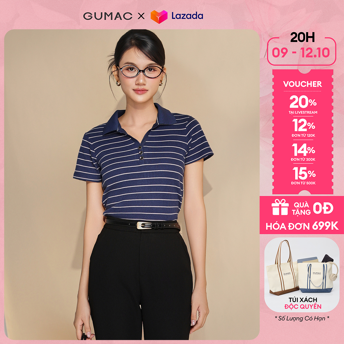[10 - 12.10| Voucher 10-12%] Áo thun polo nữ slim ôm sọc ngang phối cổ vai mềm mát thời trang GUMAC LPLF0535