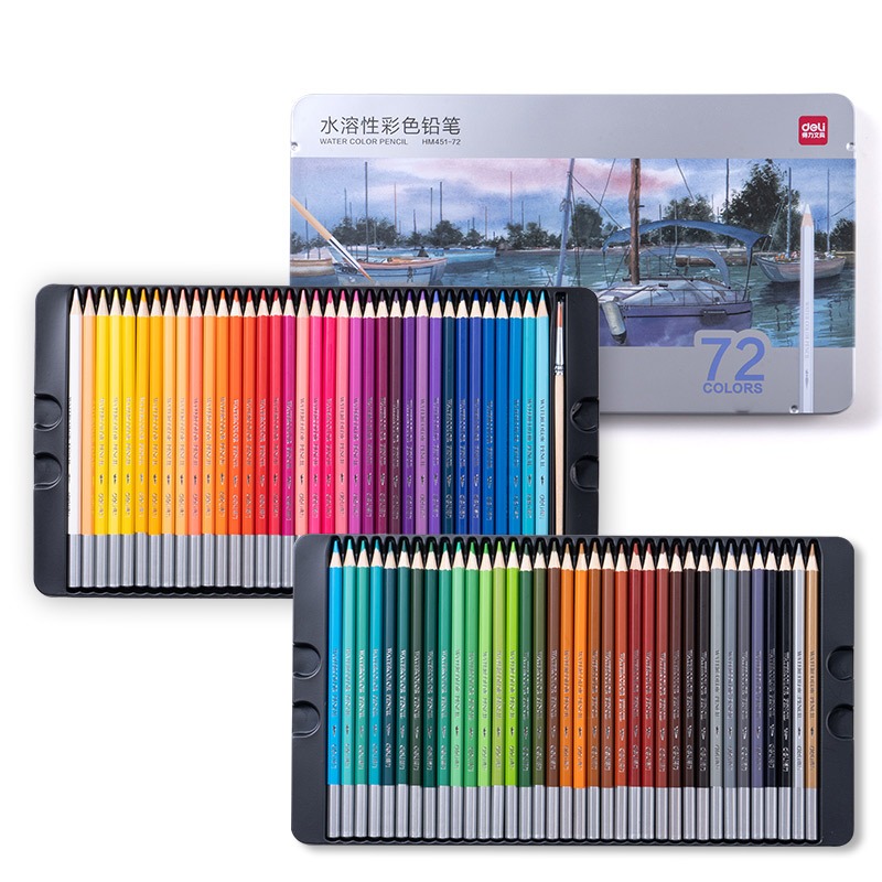 Deli 24/36/48/72 Colors Water-soluble Colored Pencil Set Iron Box Set HM451