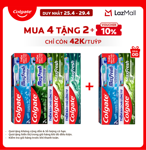 [Chỉ 25-29.4_Mua 4 tặng 2] Bộ sưu tập 4 kem đánh răng Colgate Maxfresh 225g (Tặng bàn chải lông tơ)