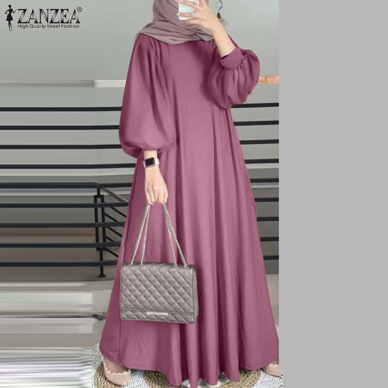 Hijabfab ZANZEA Muslimah phụ nữ hồi giáo phong cách rắn áo choàng maxi abaya thanh lịch tay áo phồng váy chữ A #1125