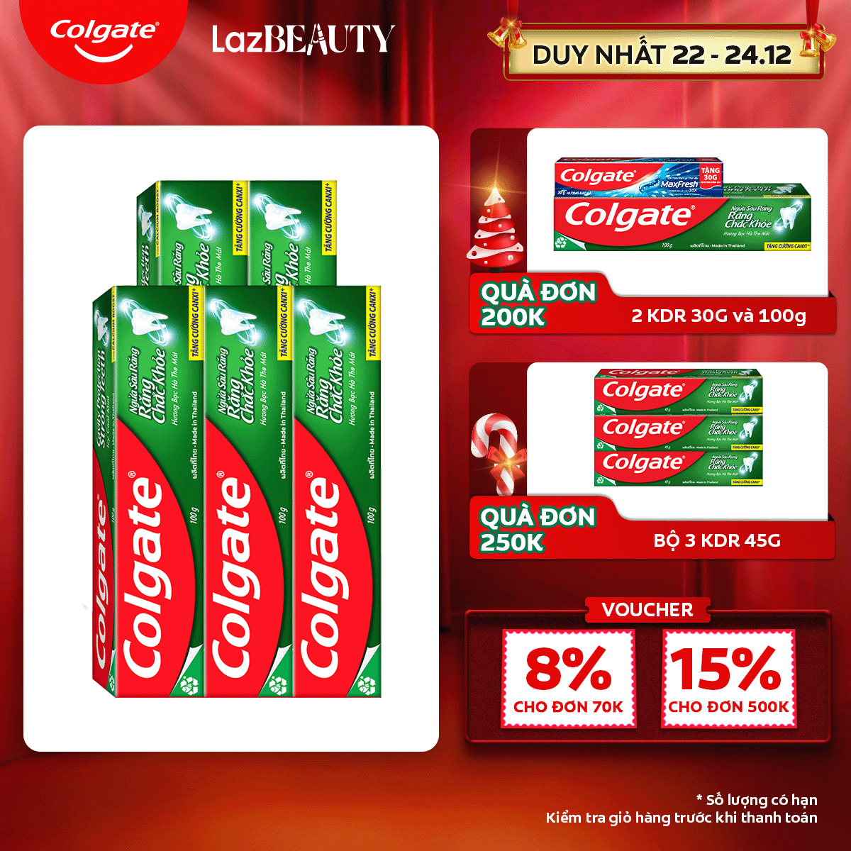 [Chỉ 22 - 24.12_Áp Voucher giảm thêm 8%]Bộ 5 Kem đánh răng Colgate ngừa sâu răng răng chắc khỏe 100g/tuýp