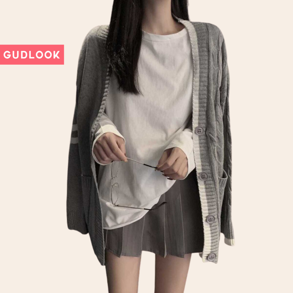 Áo Cardigan Len Thừng GUDLOOK dáng dài kèm khuy form rộng dáng dài có logo nữ sinh màu xám ống tay k