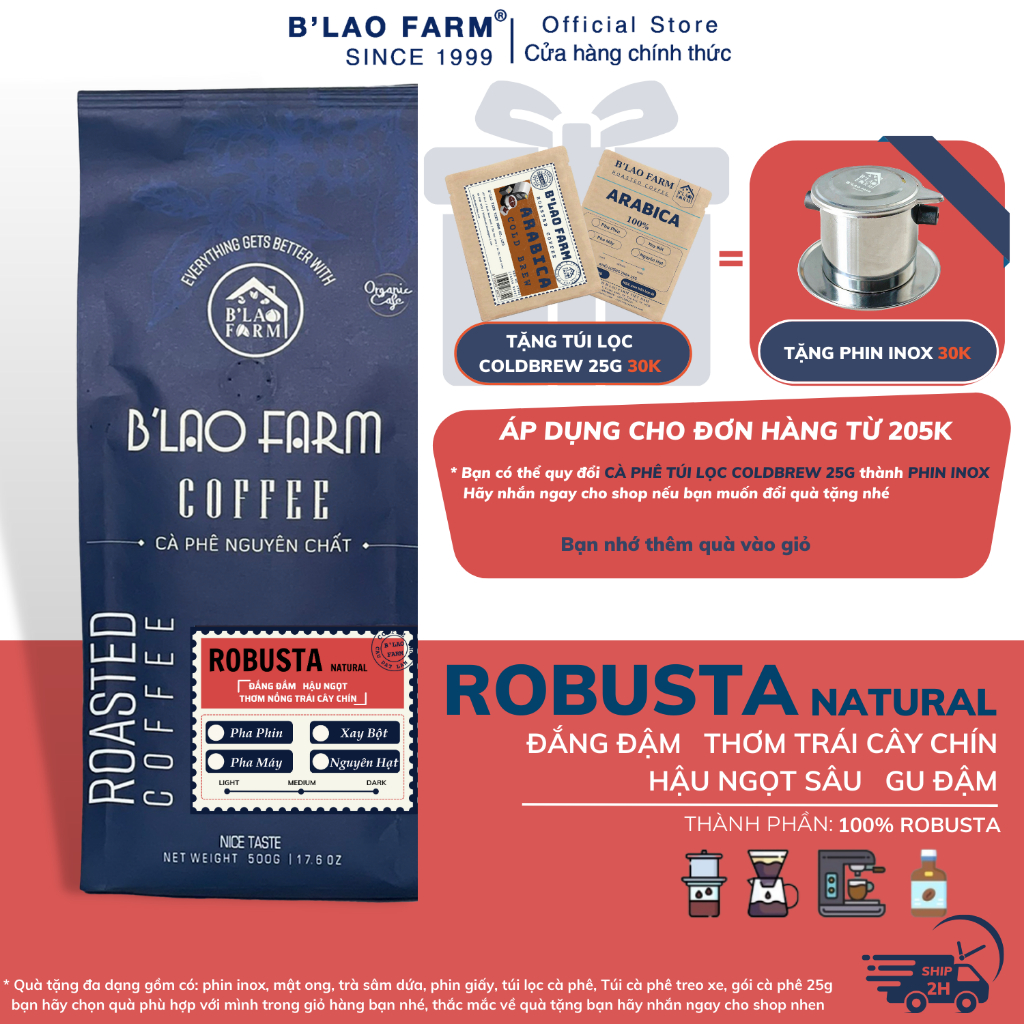 Cà phê rang xay nguyên chất ROBUSTA NATURAL rang mộc nguyên chất BLao Farm coffee đặc sản vị đắng đầ