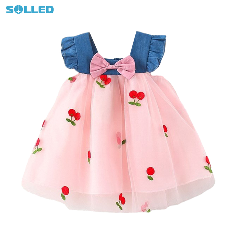 Summer Princess Dress For Girls Cherry Embroidered Mesh Patchwork Denim Sundress With Bowknot For Party Birthday ราคา 205 บาท*ส่งฟรี