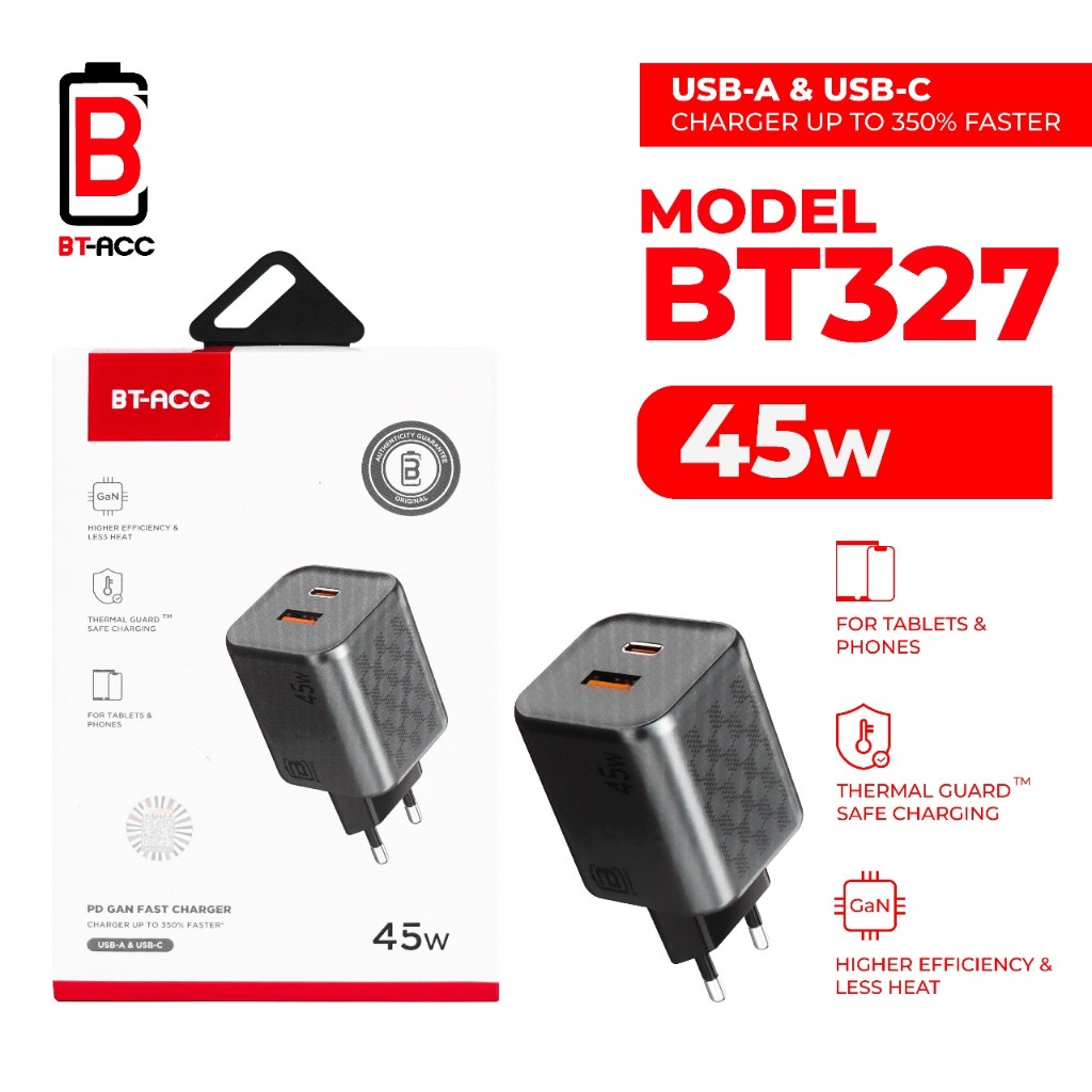 BT-ACC Adaptor Charger 45W Dual USB (USB-A & USB-C) Super Fast Charging - BT327 Harga 330,000 rupiah*Gratis Ongkir
