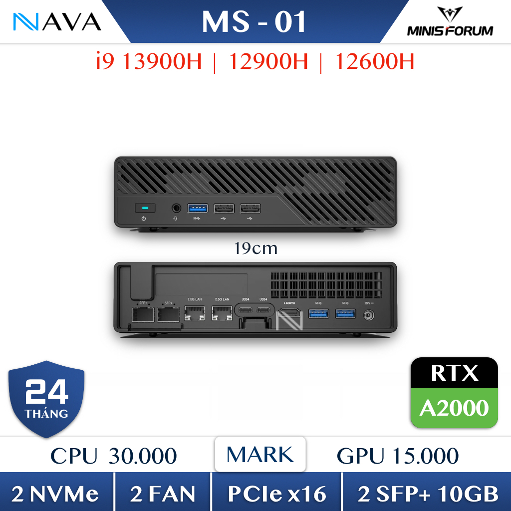 Mini PC Workstation Server Minisforum MS01 SFP+ 10Gbps RTX A2000 MS-01 băng thông 10GB Máy trạm / ch