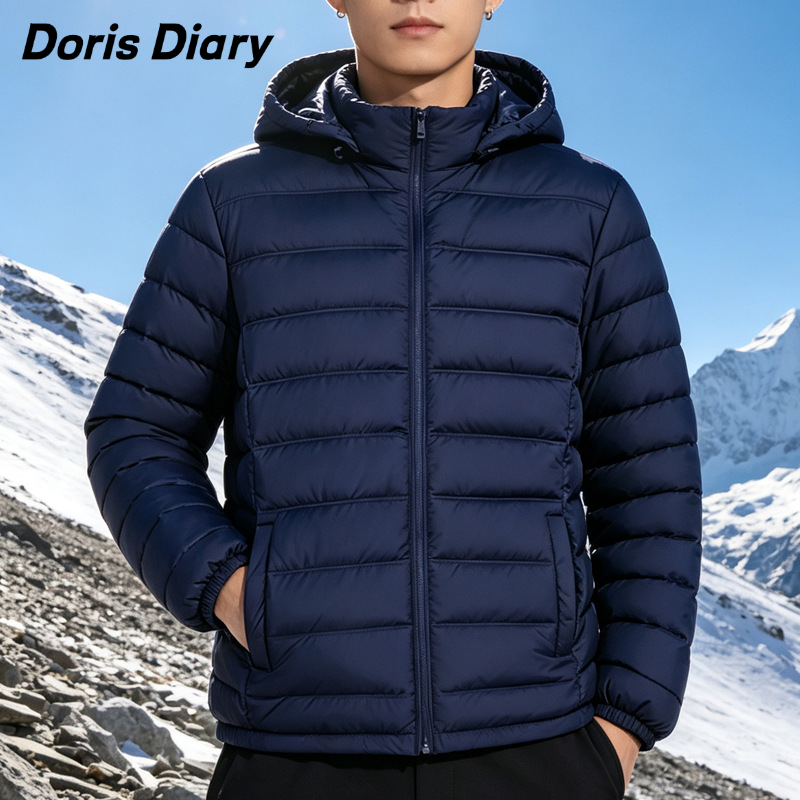 Doris Diary  Áo khoác lông vũ nam dáng ngắn có mũ trùm đầu giữ ấm mùa đông
