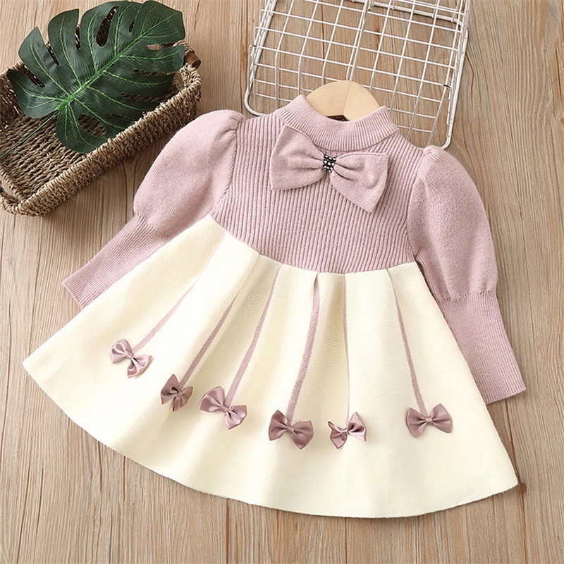 ANFUTON Toddler Girl Knit Patchwork Sweet Dress, Long Sleeve O