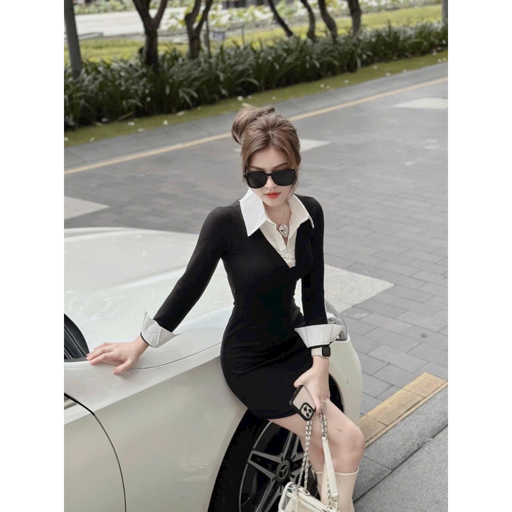 Váy body len phối cổ sơ mi siêu xinh