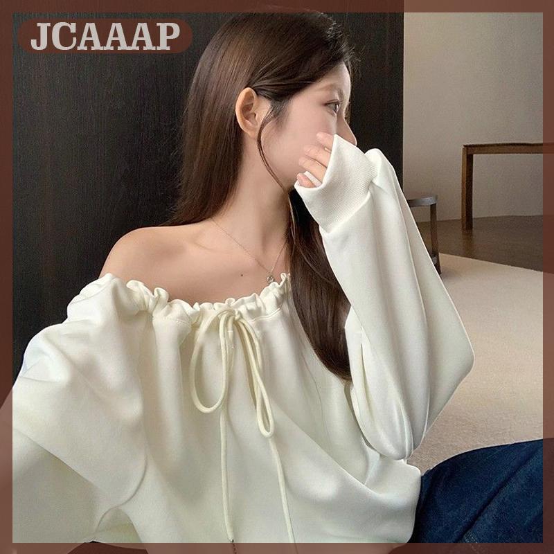 JCAAAP Off-vai dây rút dài tay áo lỏng HOT GIRL off-vai hàng đầu cho phụ nữ