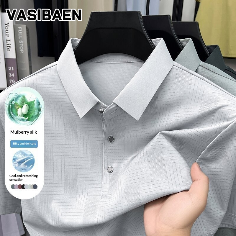 VASIBAEN Men's Polo Shirt High Quality Mulberry Silk Cool Polo Casual Business Lapel T-shirt Comfortable Breathable Soft Iron-Free