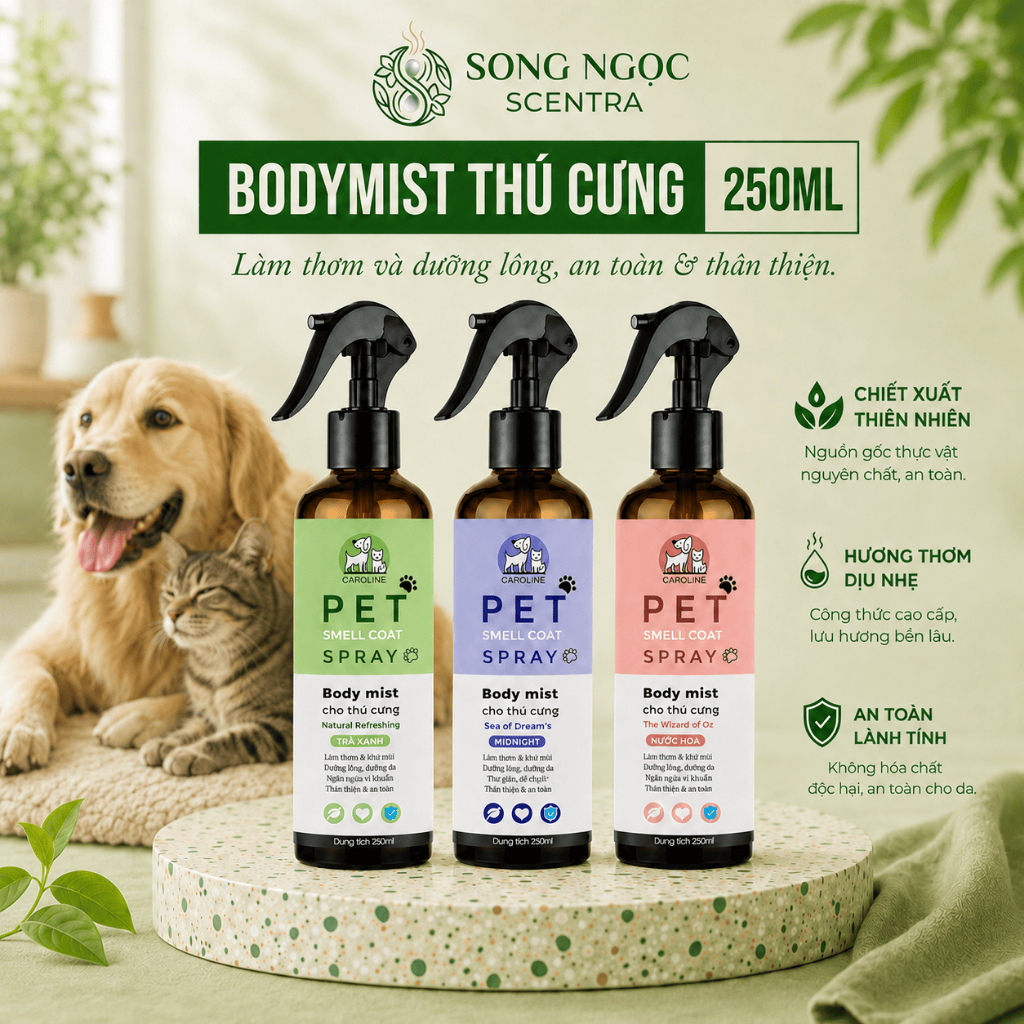 Xịt thơm bodymist chó mèo Caroline 260ml - Bodymist cho thú cưng giúp khử mùi, dưỡng da lông chai tiết kiệm
