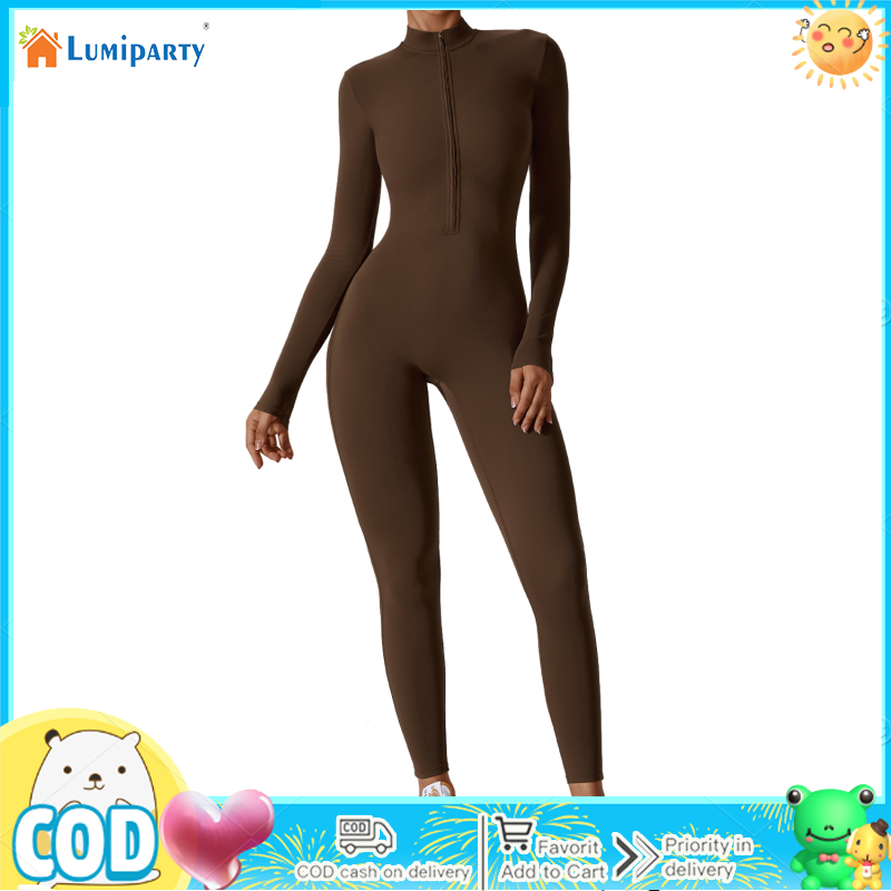 Women Yoga Jumpsuits Ribbed Long Sleeve Zip Front Full Bodysuits Sport Jumpsuits Pullover Workout Jumpsuits ราคา 608 บาท*ส่งฟรี