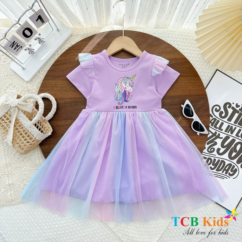 (NEW ) Đầm bé gái chất thun phối lưới cầu vòng ngựa Pony cực dễ thương váy ngựa pony cho bé gái full
