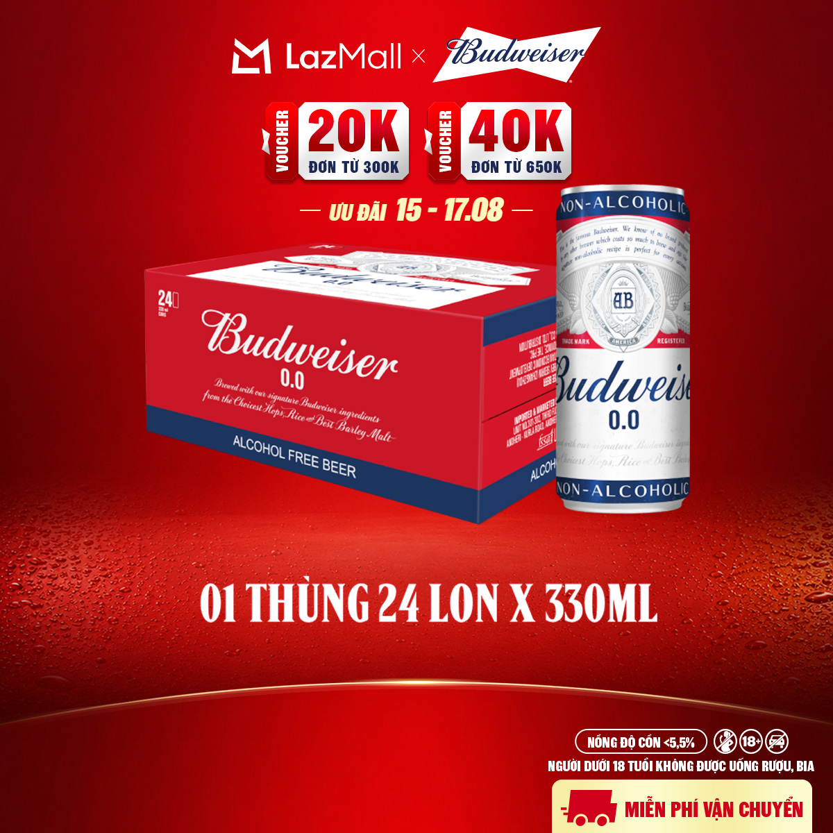 [MỚI] Thùng 24 Lon Bia Budweiser Không Độ Cồn Chính Hãng (330ml/ lon)
