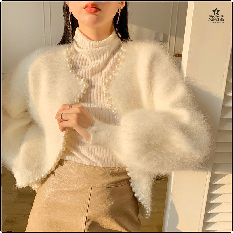[lmcp45] 2023 Autumn And Winter New Fashion Ladies Pearl Knit Lantern Sleeves Imitation Mink Fleece Sweater Cardigan Jacket Women