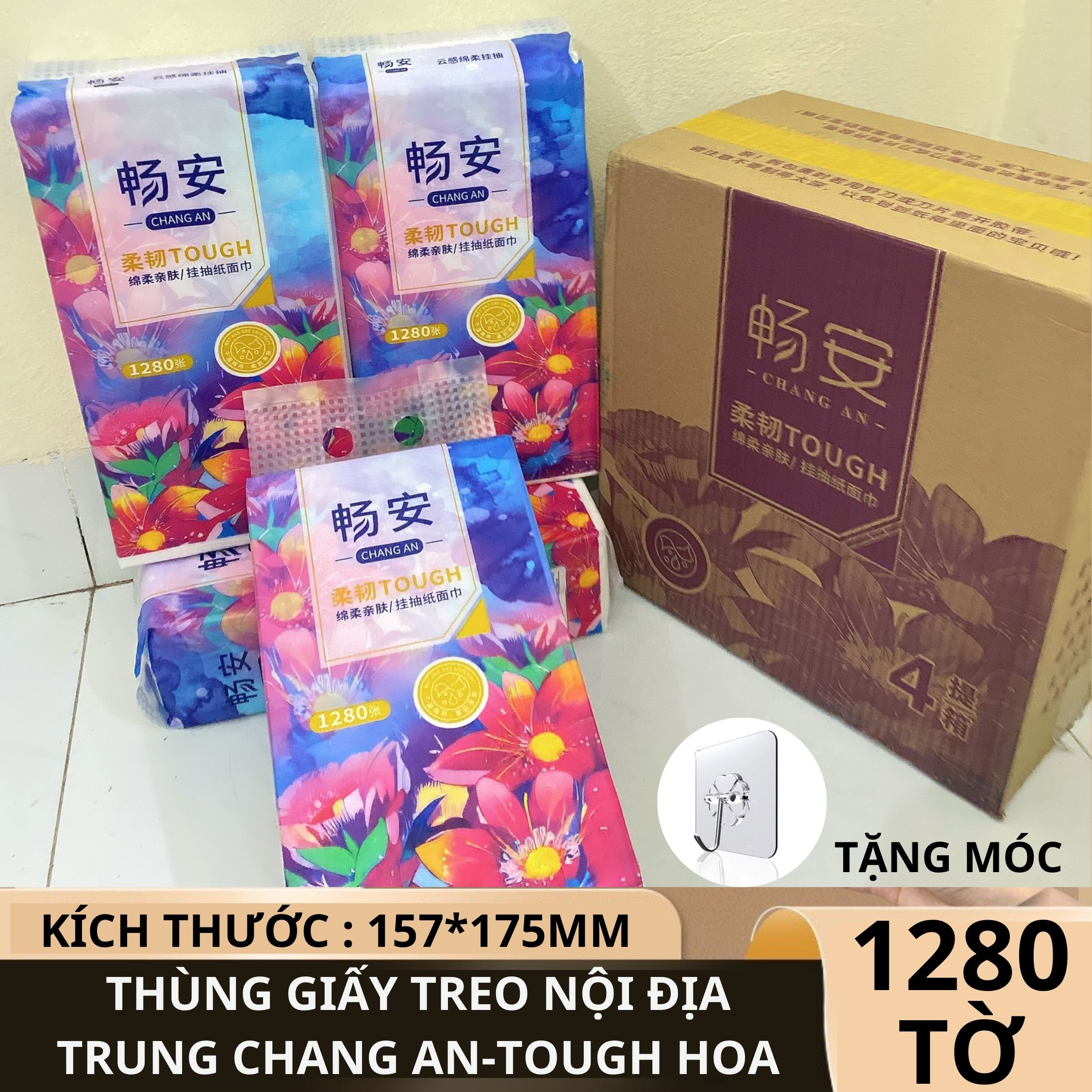 Thùng 4 Bịch Giấy Treo Đa Năng 4 Lớp 1280 Tờ CHANG AN-TOUGH Hoa, Khăn Giấy Nội Địa Trung Gia Dụng Số 1 Việt Nam