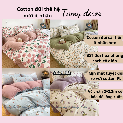 Set chăn ga cotton đũi họa tiết hoa Tamy Decor chất đũi cải tiến không nhăn nhúm mềm mại thấm hút mồ hôi