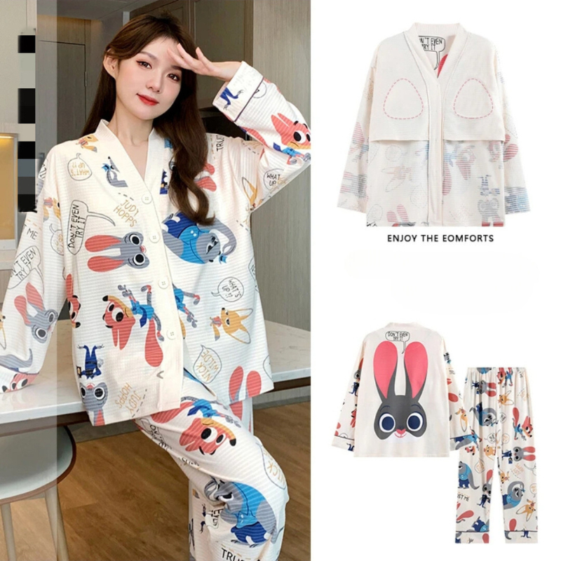 Bộ Mặc Nhà Cotton Cổ V Cài Khuy Dài Tay Có Miếng Đệm Lót Ngực D, Chất Liệu Mềm Mịn, Thoải Mái