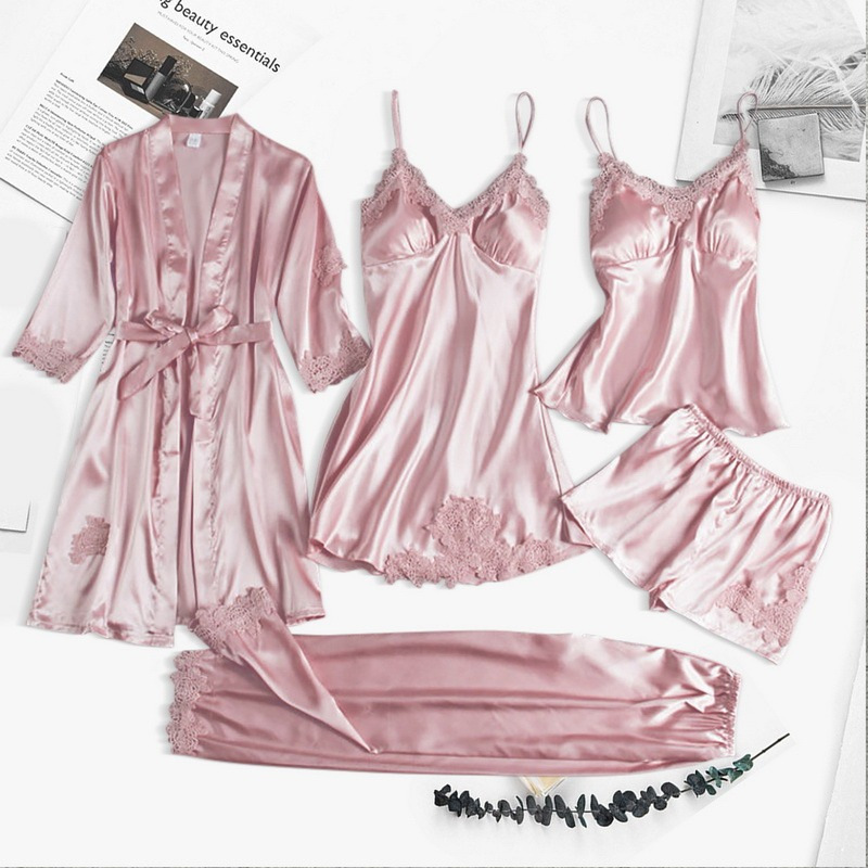 Silk Robe Set Satin Pajamas Lace Nightwear Cami Nighties Sleepwear Gown