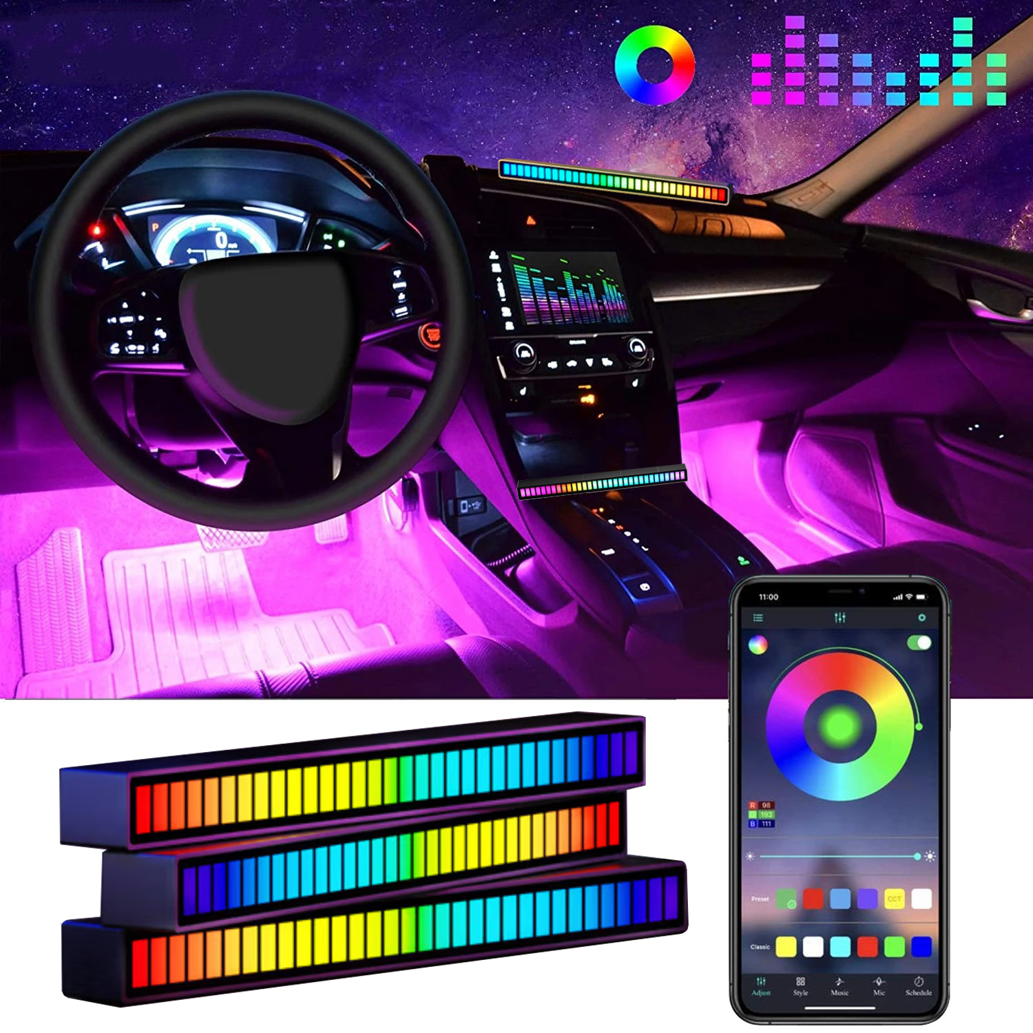 【Worth-Buy】 Led Strip Rgb Pickup Music Sound Control Lamp App Control Ambient Audio Rhythm For Car Desk Decora Lights