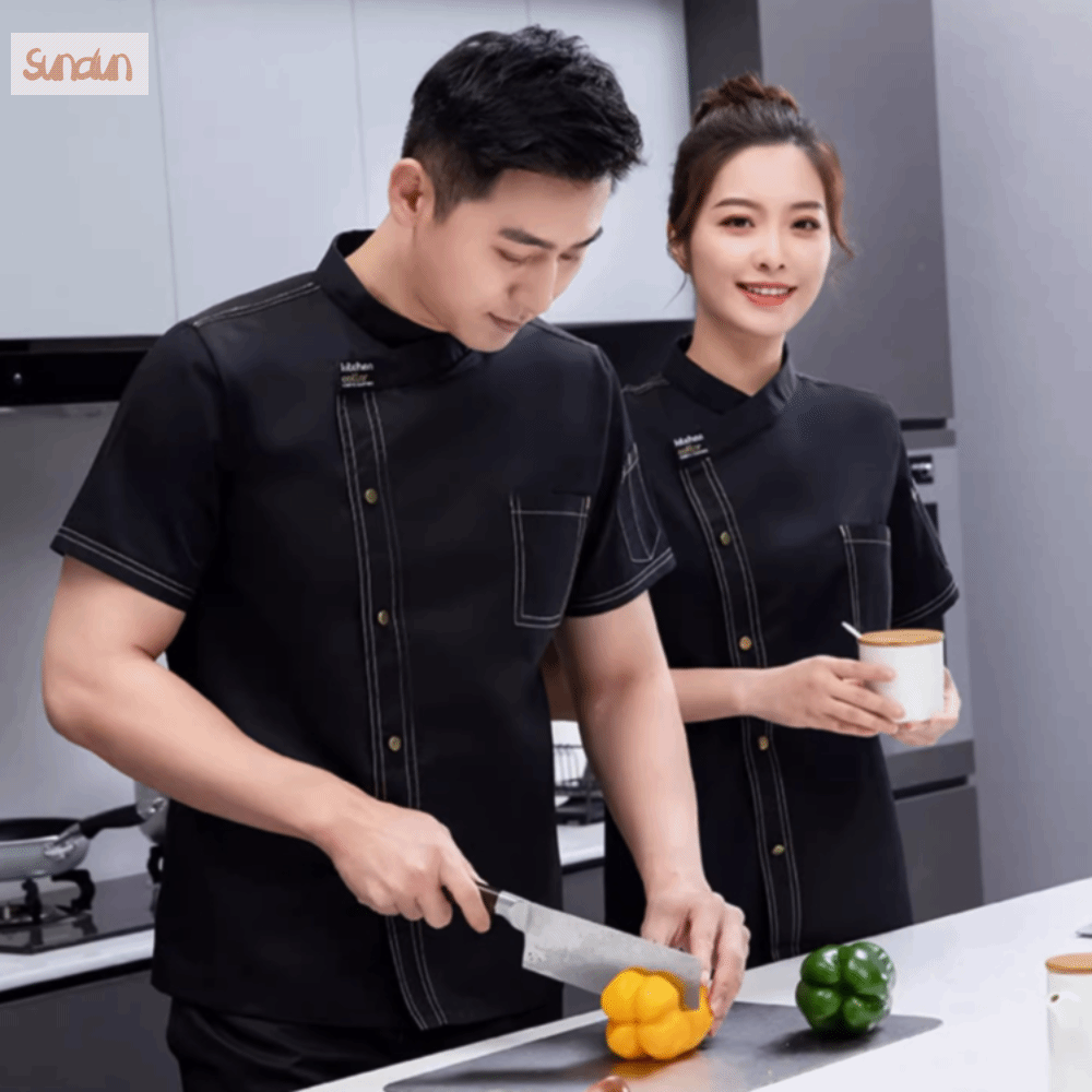 SUNDUN Lưới thoáng khí Đồng phục đầu bếp Áo ngắn tay Dày hơn Áo khoác đầu bếp Bền bỉ Chống mài mòn Quần áo làm việc cho đầu bếp