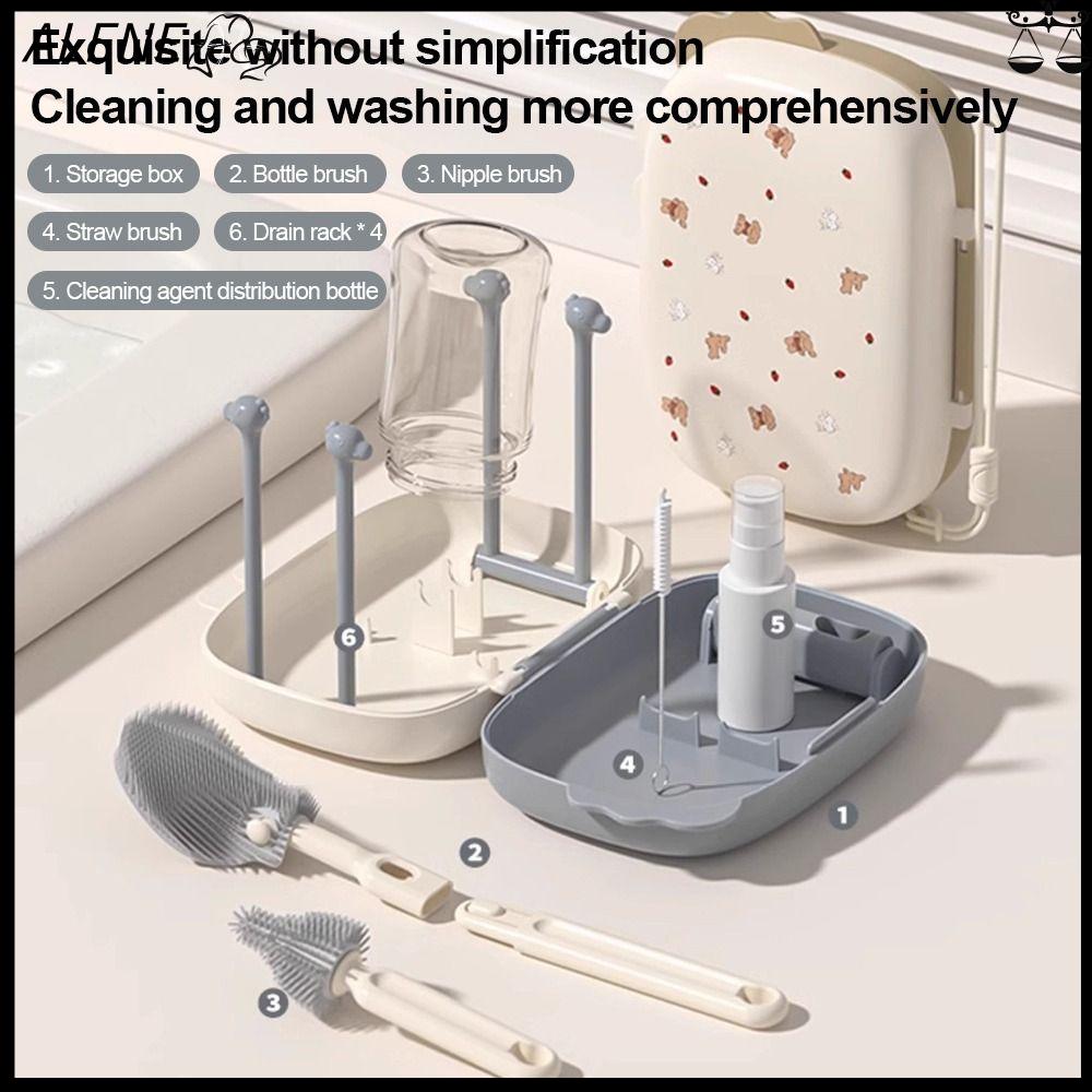 ALENE Bọt biển silicone Bộ vệ sinh bình sữa cho bé 6 trong 1 có hộp lưu trữ Bàn chải bình sữa du lịc