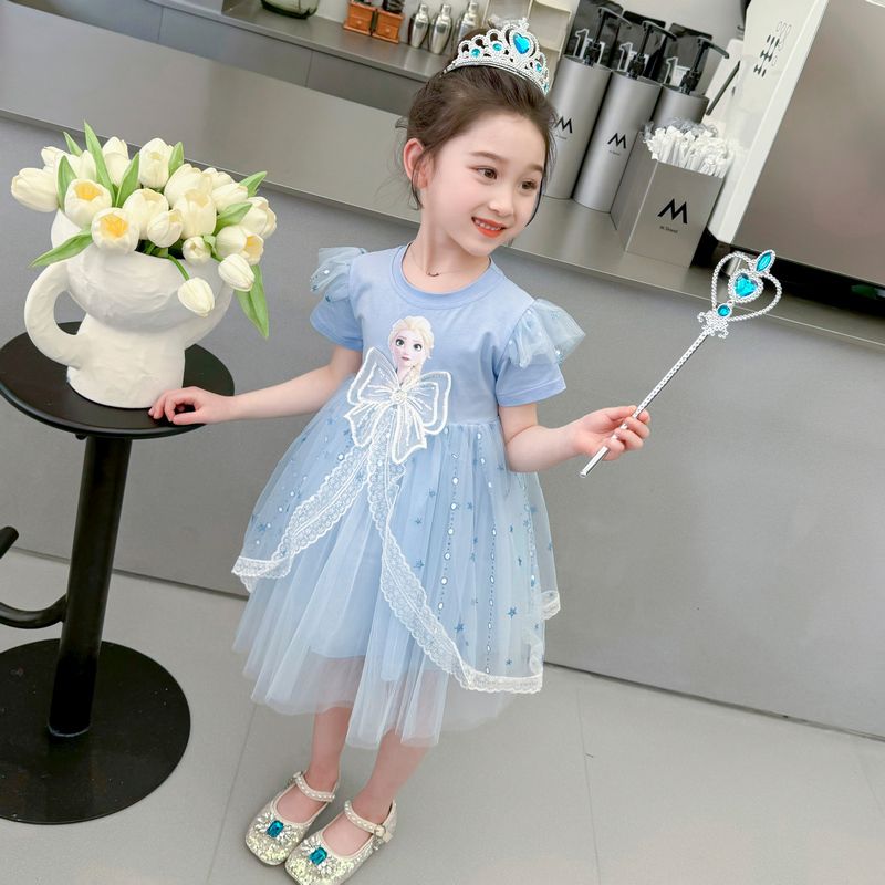 Summer Girls' Mesh Fluffy Elsa Dress Short Sleeved Bow Chiffon Princess Dress Children's Birthday Party Wedding Flower Girl Dress Cool and Breathable - 3