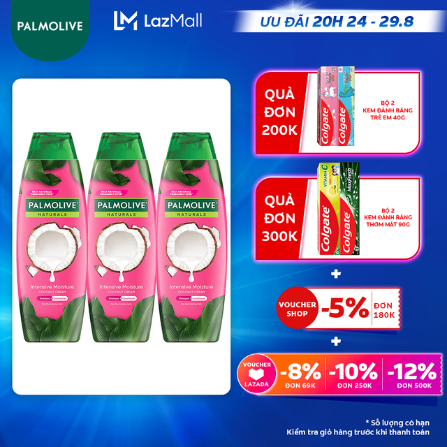 [Ưu đãi 20H 24.8 - 29.8_Áp voucher Colgate 5% + voucher LZD 8%]Bộ 3 Dầu gội Palmolive kèm xả 2-trong-1 chiết xuất thiên nhiên 180ml/chai