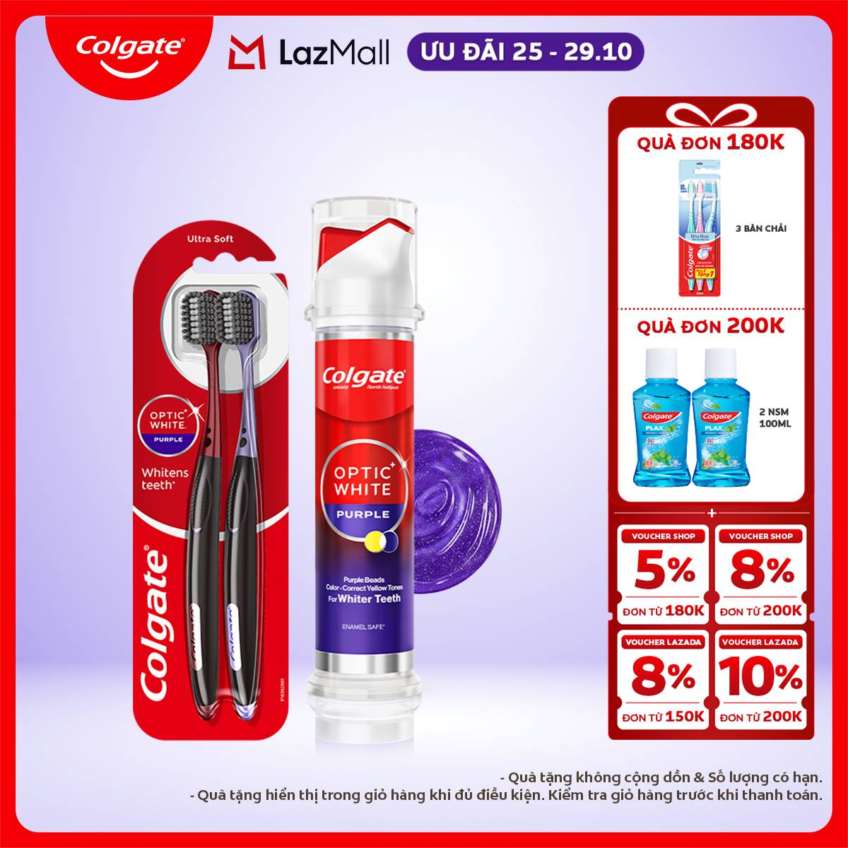 Bộ Kem đánh răng Colgate Optic White Purple Vòi nhấn thông minh 130g và 2 bàn chải trắng răng
