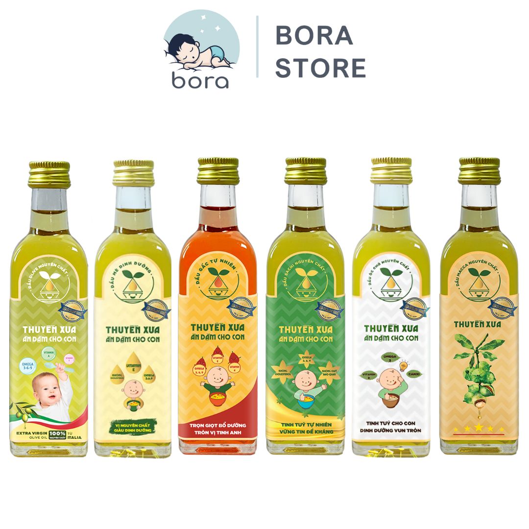 Dầu ăn dặm cho bé Thuyền Xưa nguyên liệu hạt tự nhiên (Oliu, Macca, Óc chó, Gấc, Sachi, Mè) chai 65/250ml