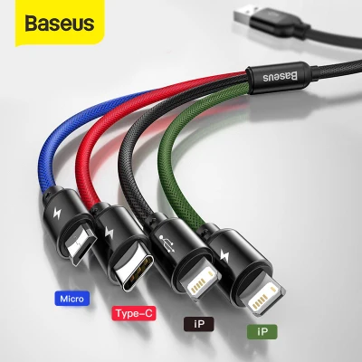 Baseus 4 in 1 USB Cable IP+Micro USB+Type-C Port For iphone 13 Pro Max 12 XS XR Samsung S10 Xiaomi 10 Fast Charging Data Cable