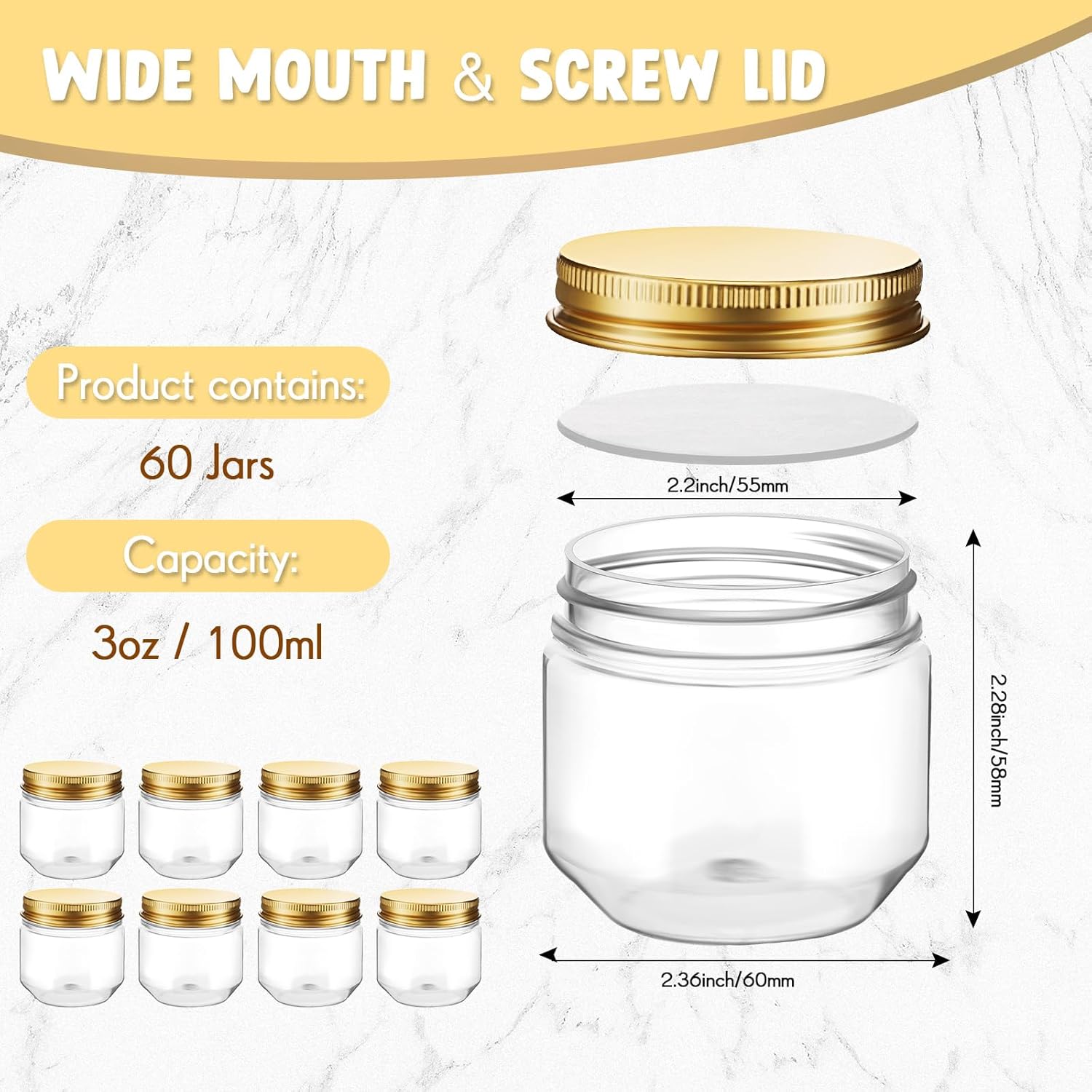 Tanlade 60 Pcs 3 Oz พลาสติกใส Jars พร้อมฝาปิดปากกว้าง Mason Jars คอนเทนเนอร์จำนวนมากสำหรับ Herb Jelly งานแต่งงานวาเลนไทน์ Favors Shower Party Favors (ทอง) ราคา 1,011 บาท*ส่งฟรี