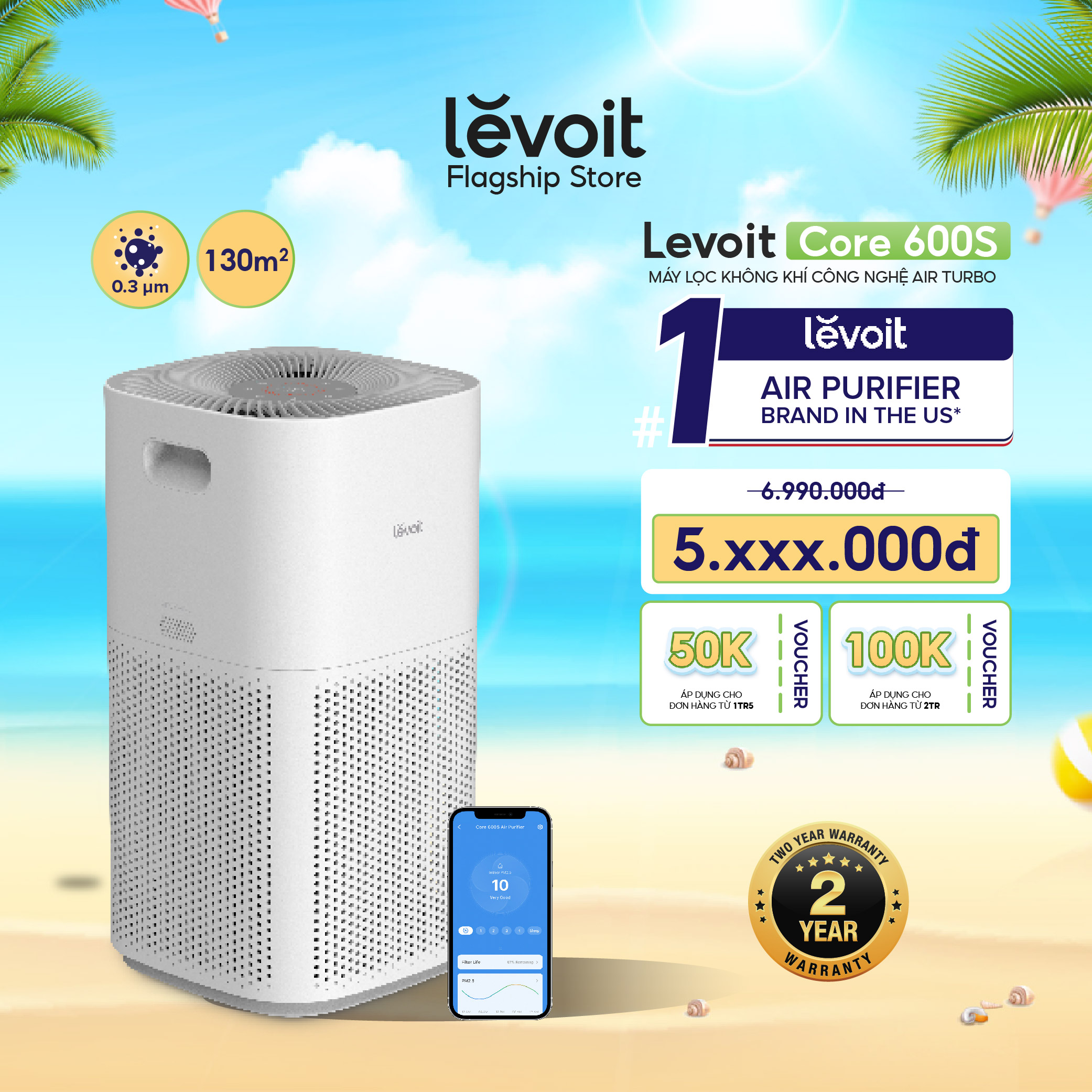 Máy lọc không khí levoit core 600s 147m2 | công nghệ air turbo | hàng chính hãng