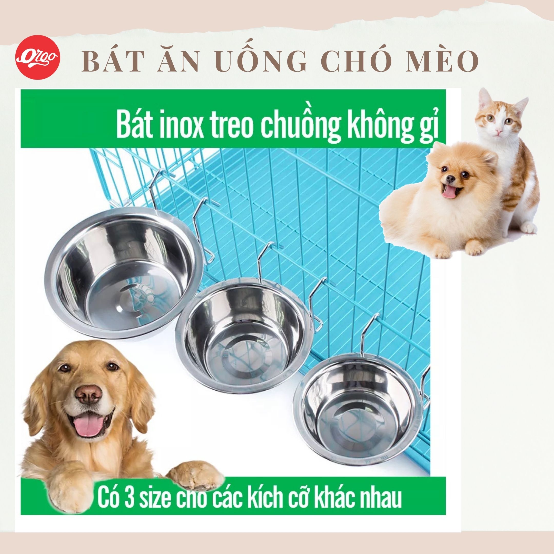 Orgo - Bát ăn cho chó mèo - Bát inox treo chuồng có giá đỡ  3 size chén