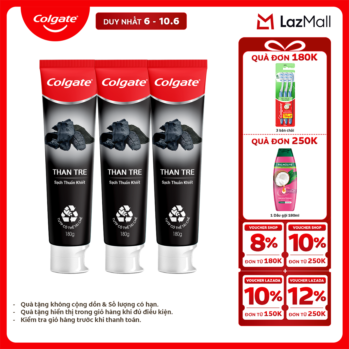 [Chỉ 6-10.6_X2 Voucher giảm 22%] Bộ 3 Kem đánh răng Colgate thiên nhiên khử mùi diệt khuẩn từ Than tre Hàn Quốc  bạc hà 180g/ tuýp