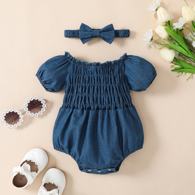 【Mãi mãi CY baby】bé Bộ đồ áo liền quần cho bé gái, tay ngắn hở Vai Xếp Li áo liền quần ngắn mùa hè + Băng-đô