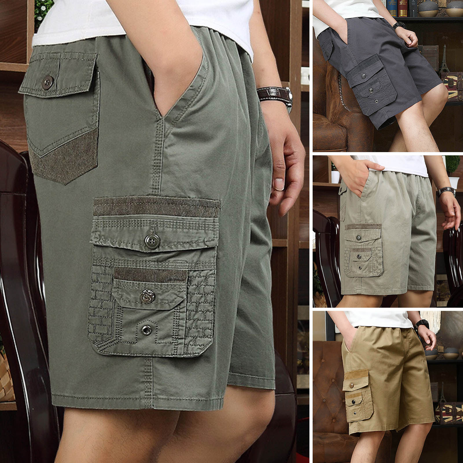 Yitu Nam Thường Ngày Quần Short Thắt lưng co giãn Nam Giới Quần Short Của Nam Giới Giản Dị Quần Short Với thắt lưng có thể điều chỉnh Và nhiều túi Cho Thể Thao Và Giải Trí Hoàn Hảo
