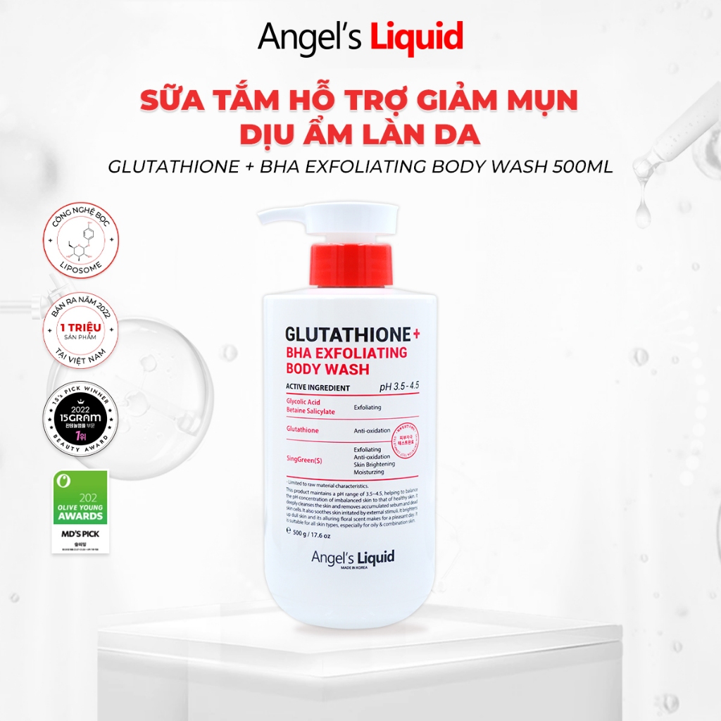 Sữa Tắm Giảm Mụn Dịu Ẩm Làn Da Angels Liquid Glutathione + BHA Exfoliating Body Wash 500ML