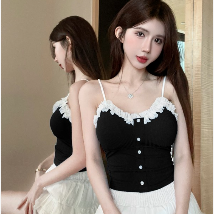 LUNAáo girl phố nữ Mùa hè ngọt ngào cay phong cách phương Tây khâu ren ngắn ngực thắt lưng nữ bên ng