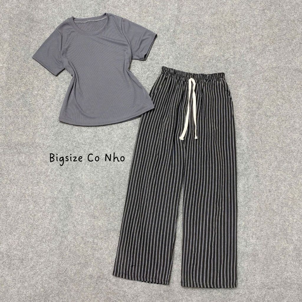 Set bộ Bigsize Nữ áo thun basic trơn kèm quần dài dáng suôn kẻ sọc vải co giãn mặc thoáng mát- SET (G244+Q560)