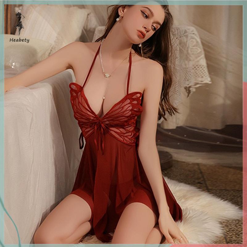 FUJIAS2🦋 Lưới backless bướm xem qua dây áo ngủ với t quần đỏ