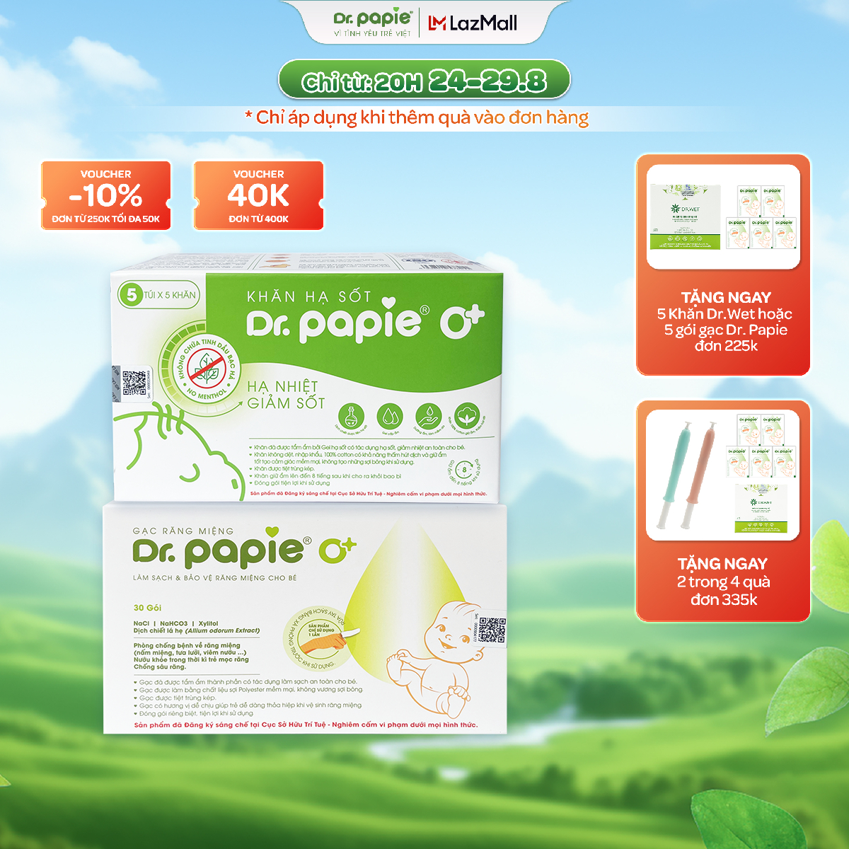 [Voucher 12% + Quà tặng] Combo 1 Hộp Khăn Lau Hạ Sốt 0+ Và 1 Gạc Răng Miệng DR PAPIE Hạ Nhiệt Giảm Sốt Và Vệ Sinh Răng Miệng Cho Bé