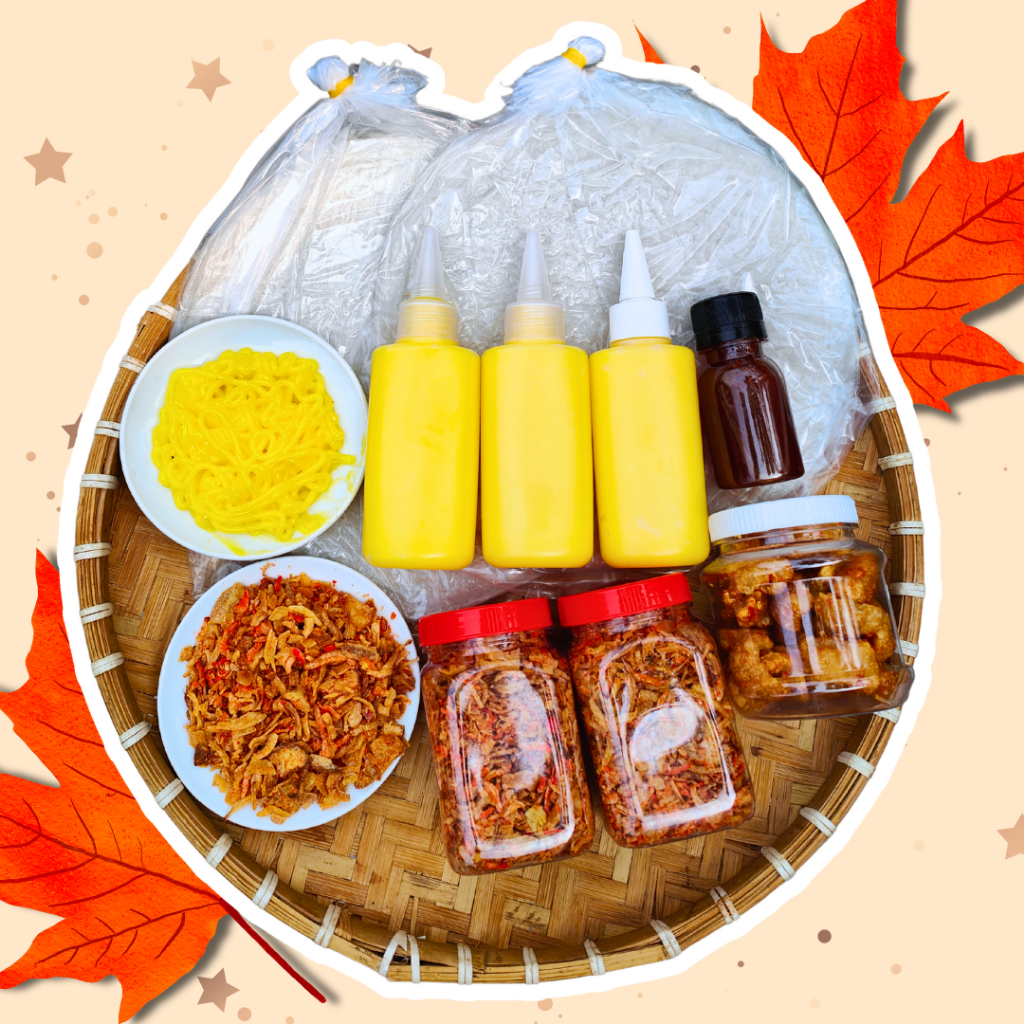 Bánh tráng phơi sương 300g, muối tép hành phi 200g, bơ 300g, hủ tóp mỡ kèm chai sốt