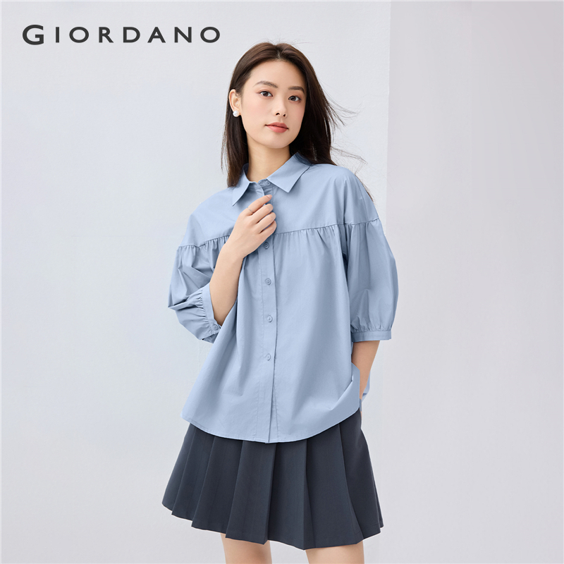 GIORDANO Women Shirts 100% Cotton Poplin Shirts Exposed Seam Pleated Elbow Length Sleeve Gentle Fashion Casual Shirts 13345302 ราคา 949 บาท*ส่งฟรี
