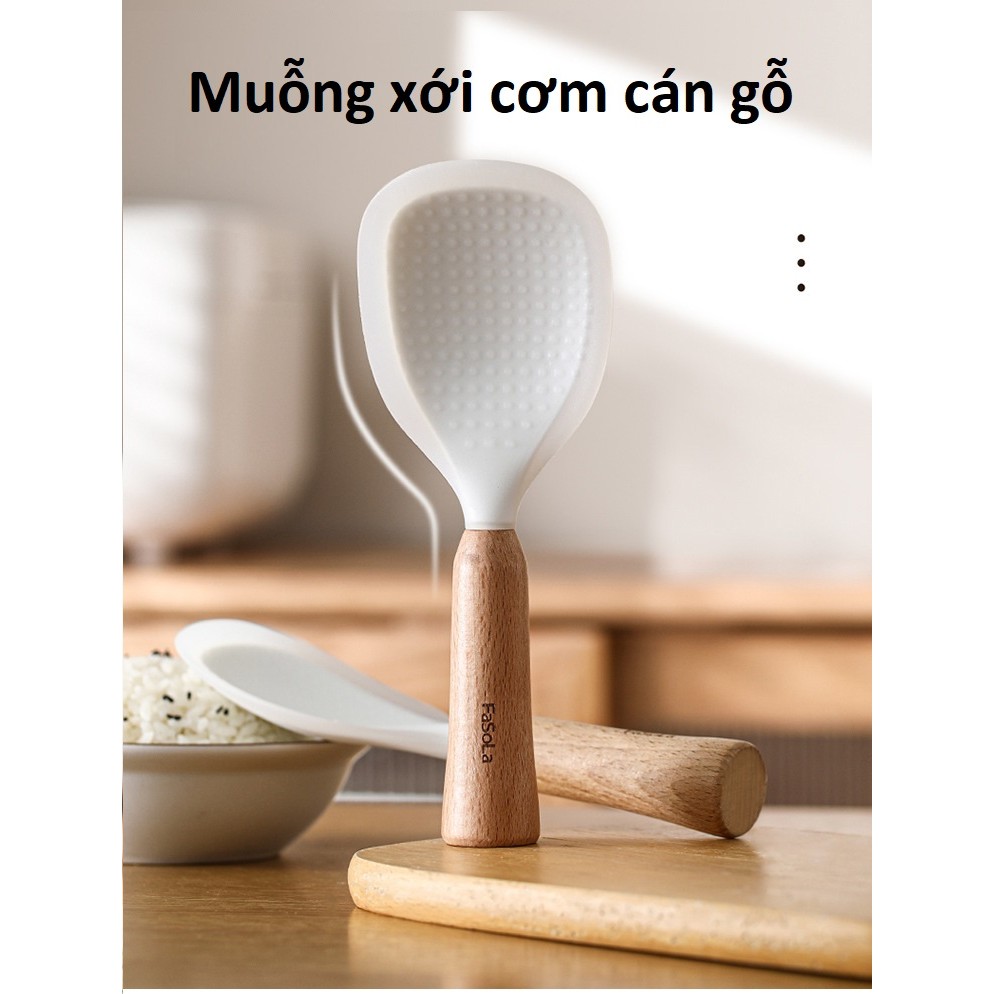Fasola Muỗng, muôi xới cơm phủ silicon chống dính cán gỗ sang trọng, tiện lợi