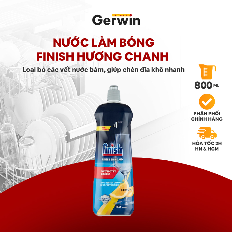 Nước làm bóng Finish 800ml, làm sạch gợn nước trên bát đĩa, làm khô bát đĩa nhanh chóng, hàng nhập khẩu chính hãng